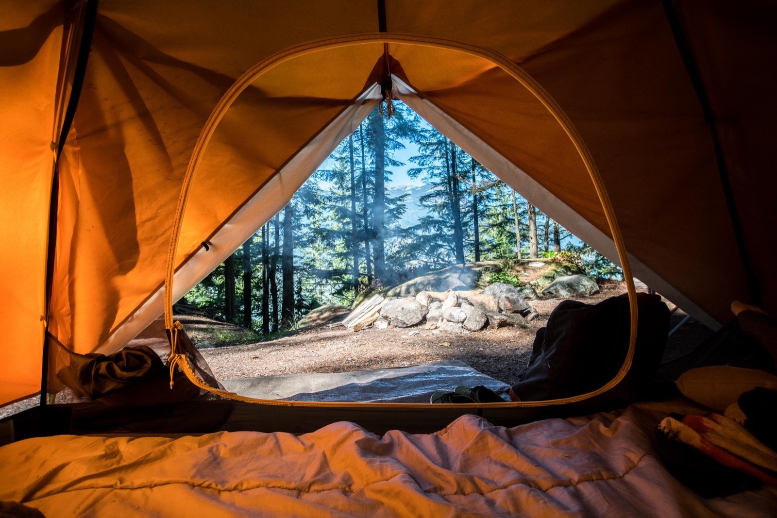 photo de l'intérieur d'une tente donnant sur une forêt